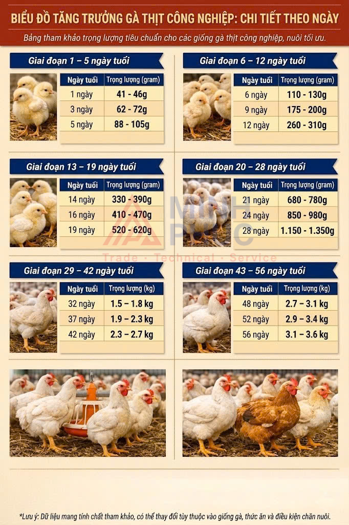 trọng lượng gà thịt theo ngày